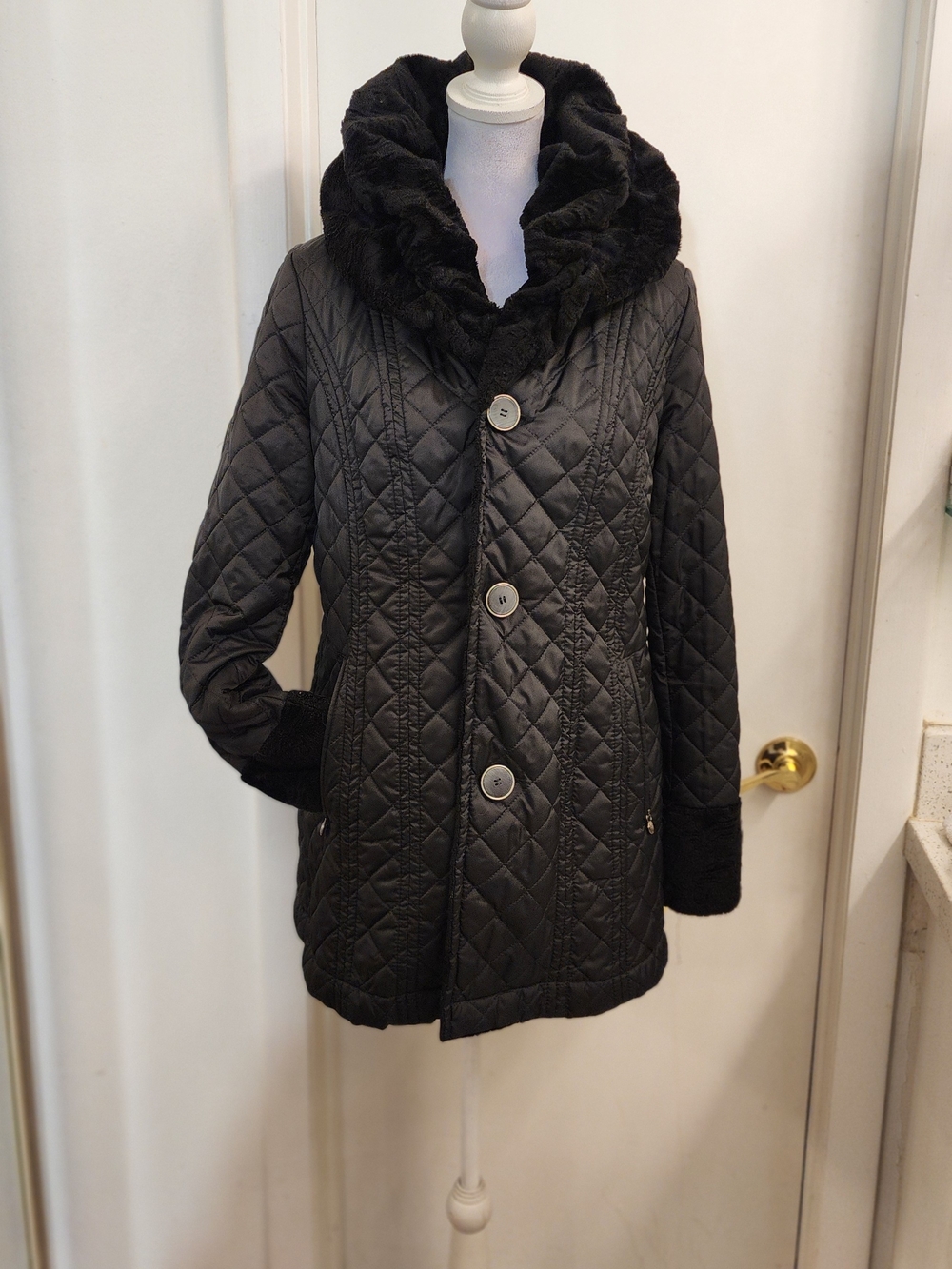 Laundry by Shelli Segal Reversible Faux Fur Quilted Coat Black Small - Picture 4 of 16